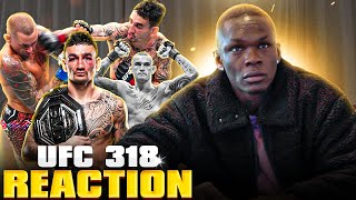 Israel Adesanya Reacts To Dustin Poirier and Max Holloway Going To WAR In His Final Fight