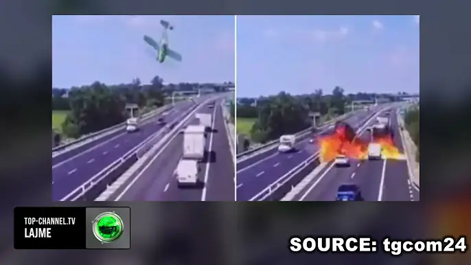 Top Channel/ Aksident tragjik në Itali, avioni përplaset dhe digjet në mes të autostradës!"