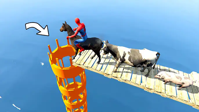 GTA5 Horse (Animals) & Spiderman Jump Into Pipe
