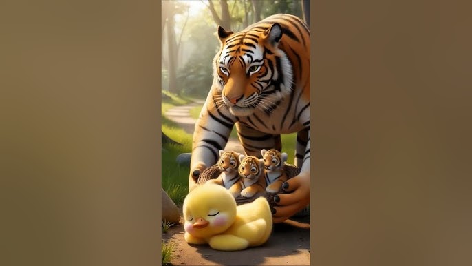 A Cute Little Duck Takes Care Of The Tiger Cubs #funny #shorts #cuteanimals #babyduck