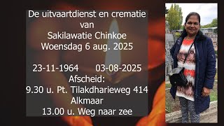 De uitvaartdienst en crematie van Sakilawatie Chinkoe m.b.a. Bela. Woensdag 6 aug. 2025. Suriname.