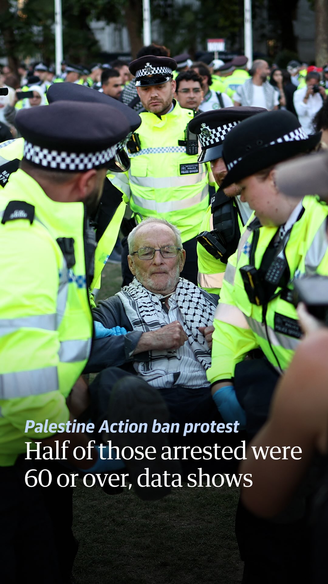 “I’m not scared of getting arrested …we are actually safer than the youngsters,” one protester told the Guardian at the Palestine Action ban protest in London this weekend.

A total of 532 people were arrested on Saturday at the largest demonstration relating to the group since it was proscribed by the UK government last month. All but 10 were arrested under section 13 of the Terrorism Act 2000 for displaying supportive placards or signs.

An age breakdown released by the Metropolitan police on Sunday revealed that almost 100 of those detained were in their 70s and 15 were in their 80s. Of the 519 people with confirmed dates of birth, 49.9% were 60 or older.

Hundreds attended the event in Parliament Square organised by Defend Our Juries, which asked participants to hold up signs saying: “I oppose genocide. I support Palestine Action.”

Watch this video to hear from people at the protest and click the link in bio for our full film.